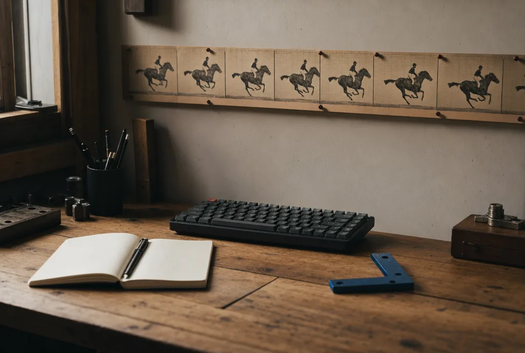 The KineticBit desk: mechanical keyboard, notebook, and a strip of horse chronophotographs pinned above
